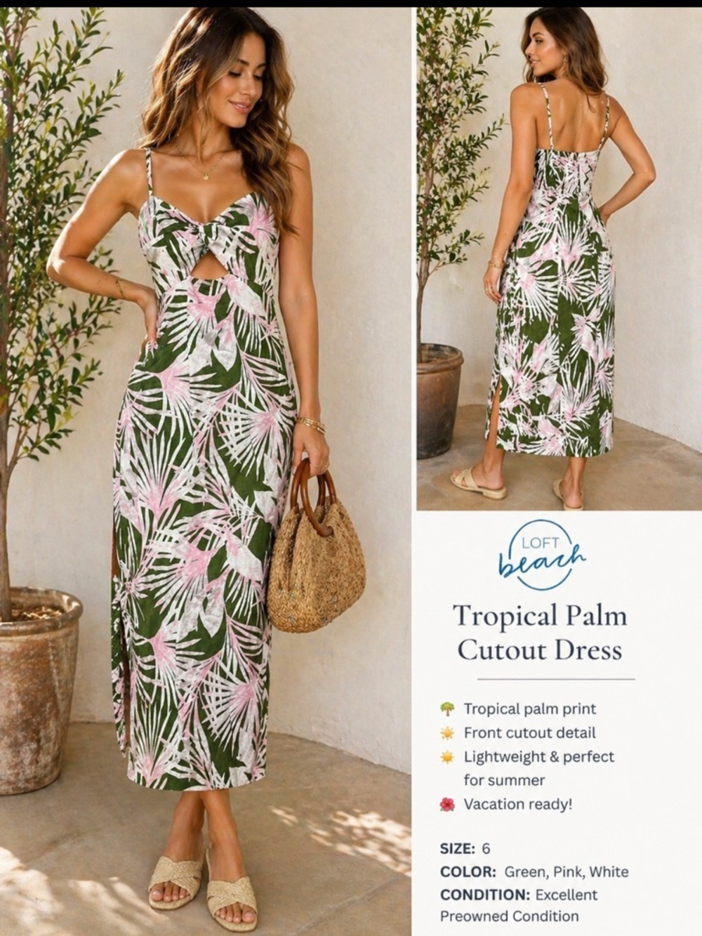 LOFT Beach Tropical Palm Print Cutout Dress Pink Green Spaghetti Strap Size 6